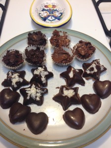 On the right, the milder chocolates and on the left, the darker. Coconut was added to all except for the hearts.